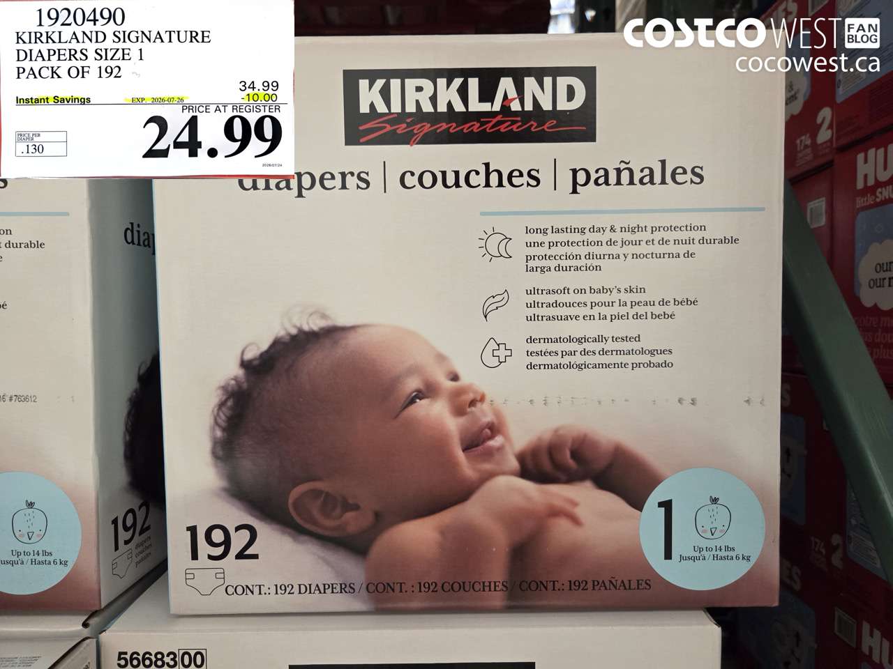 1920490 KIRKLAND SIGNATURE DIAPERS SIZE 1 PACK OF 192 ($10.00 INSTANT SAVINGS EXPIRES ON 2026-07-26) $24.99