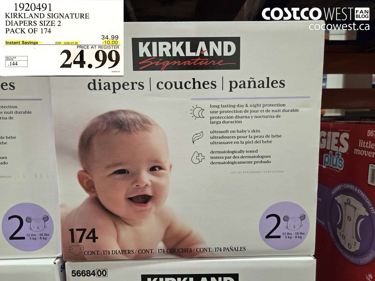 1920491 KIRKLAND SIGNATURE DIAPERS SIZE 2 PACK OF 174 ($10.00 INSTANT SAVINGS EXPIRES ON 2026-07-26) $24.99