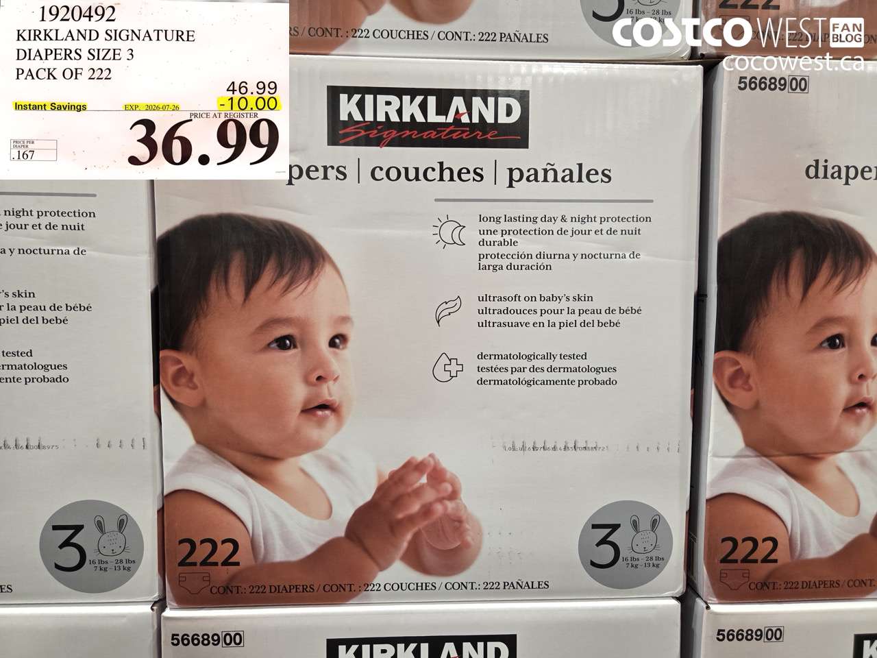 1920492 KIRKLAND SIGNATURE DIAPERS SIZE 3 PACK OF 222 ($10.00 INSTANT SAVINGS EXPIRES ON 2026-07-26) $36.99