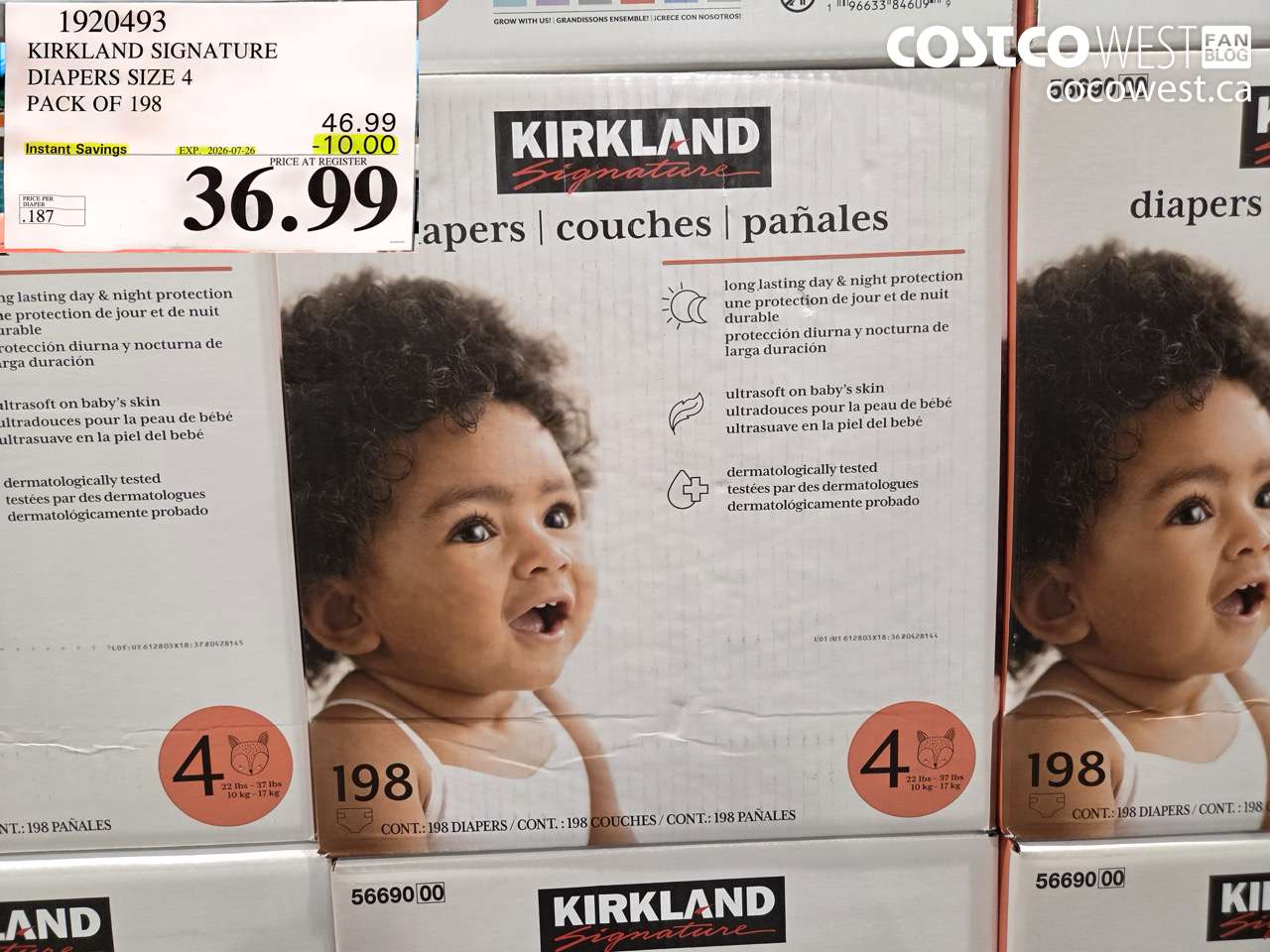 1920493 KIRKLAND SIGNATURE DIAPERS SIZE 4 PACK OF 198 ($10.00 INSTANT SAVINGS EXPIRES ON 2026-07-26) $36.99