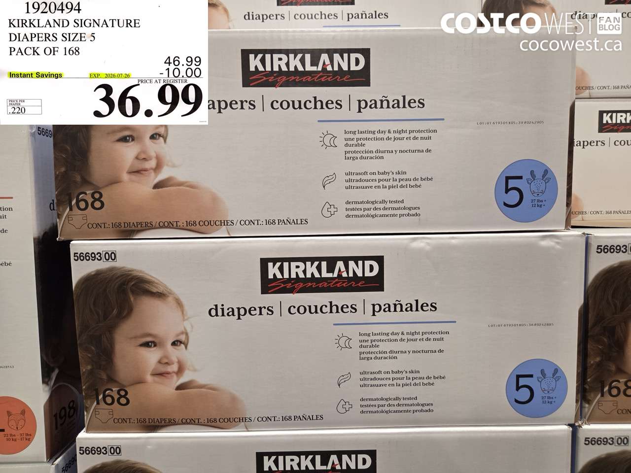 1920494 KIRKLAND SIGNATURE DIAPERS SIZE 5 PACK OF 168 ($10.00 INSTANT SAVINGS EXPIRES ON 2026-07-26) $36.99