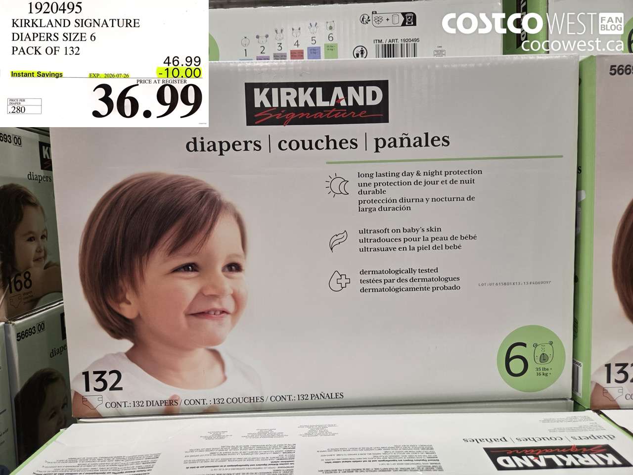 1920495 KIRKLAND SIGNATURE DIAPERS SIZE 6 PACK OF 132 ($10.00 INSTANT SAVINGS EXPIRES ON 2026-07-26) $36.99