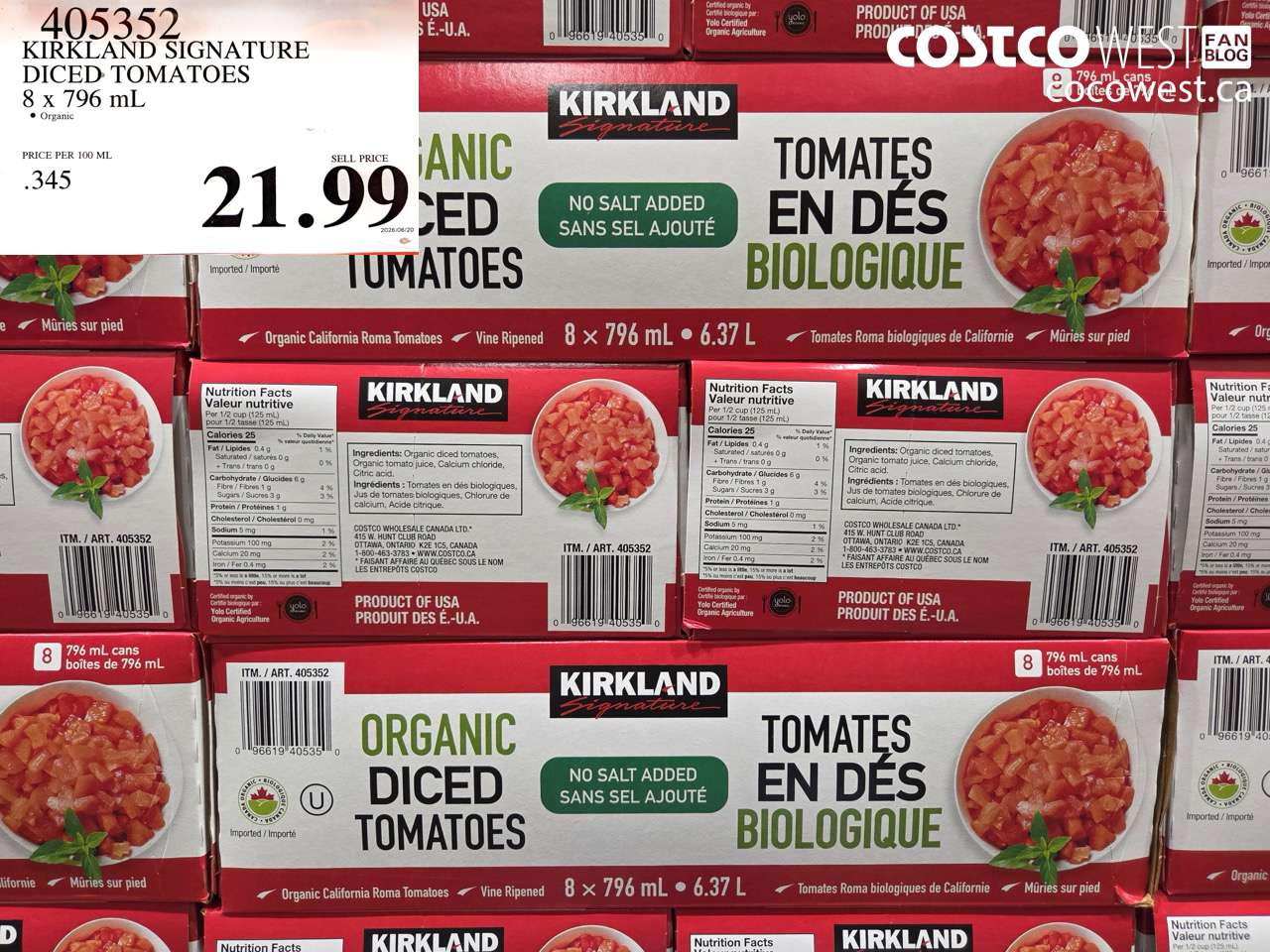 405352 KIRKLAND SIGNATURE DICED TOMATOES 8 X 796 ML $21.99