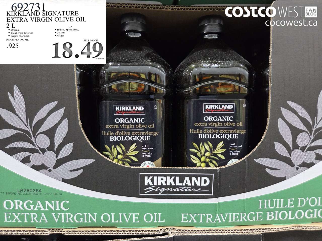 692731 KIRKLAND SIGNATURE EXTRA VIRGIN OLIVE OIL 2 L $18.49