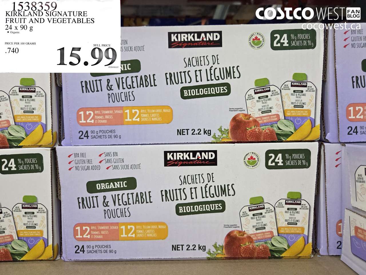 1538359 KIRKLAND SIGNATURE FRUIT AND VEGETABLES 24 X 90 G $15.99