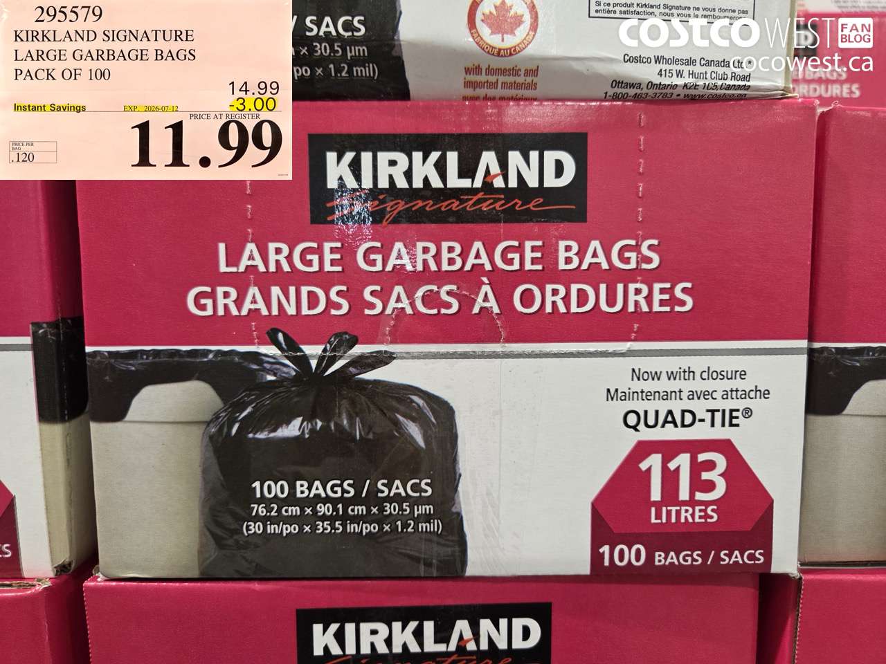 295579 KIRKLAND SIGNATURE LARGE GARBAGE BAGS PACK OF 100 ($3.00 INSTANT SAVINGS EXPIRES ON 2026-07-12) $11.99