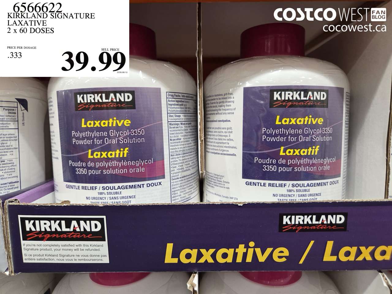 6566622 KIRKLAND SIGNATURE LAXATIVE 2 X 60 DOSES $39.99