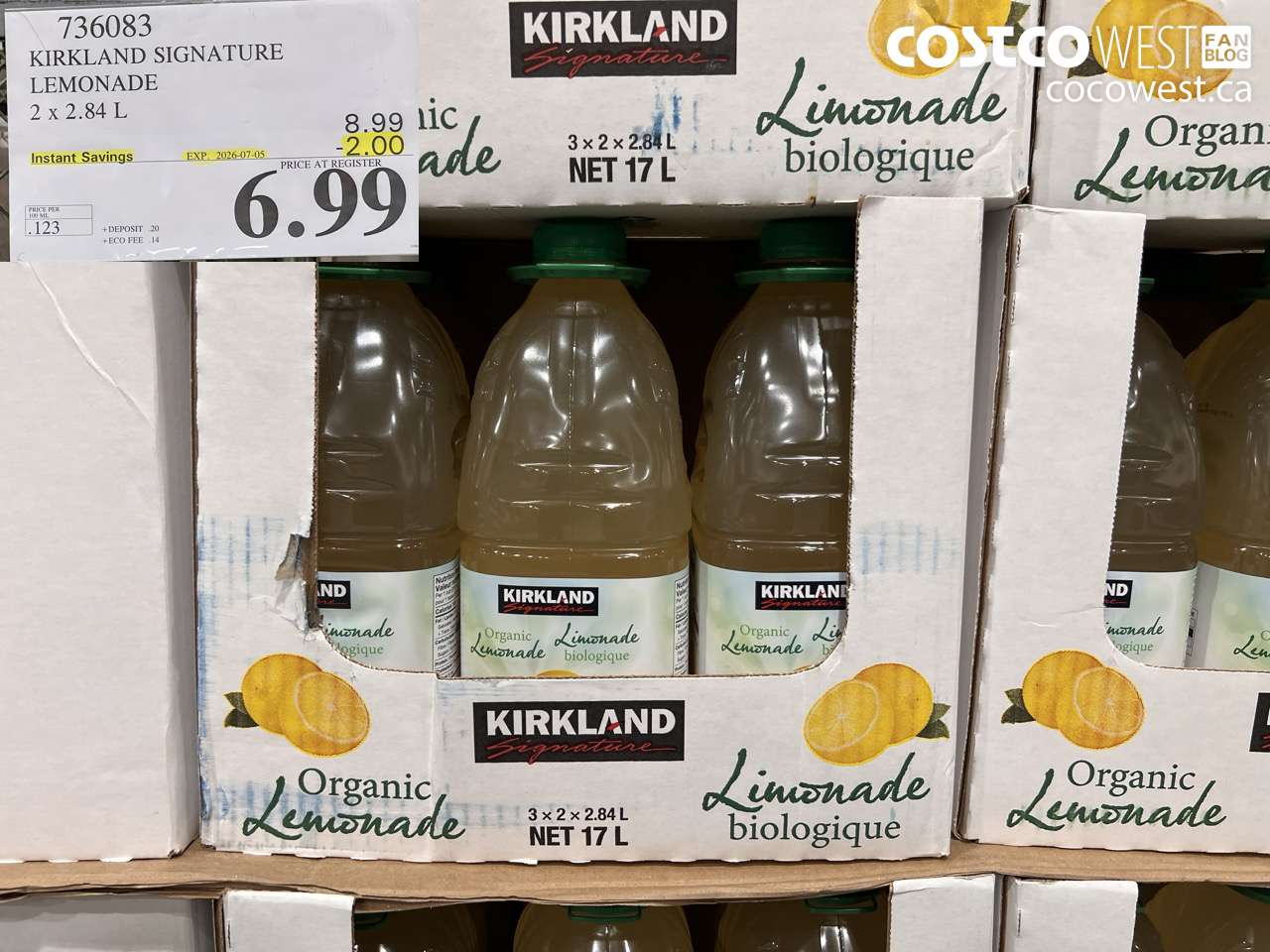 736083 KIRKLAND SIGNATURE LEMONADE 2 X 2.84 L ($2.00 INSTANT SAVINGS EXPIRES ON 2026-07-05) $6.99