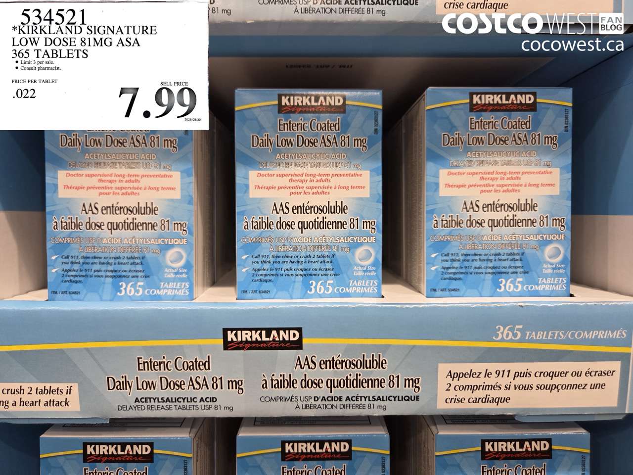 534521 KIRKLAND SIGNATURE LOW DOSE 81MG ASA 365 TABLETS $7.99