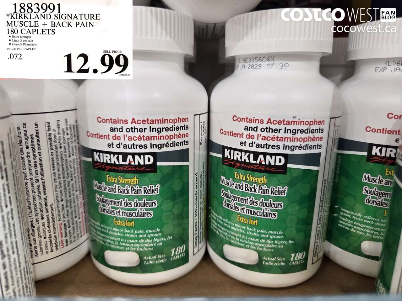 1883991 KIRKLAND SIGNATURE MUSCLE + BACK PAIN 180 CAPLETS $12.99