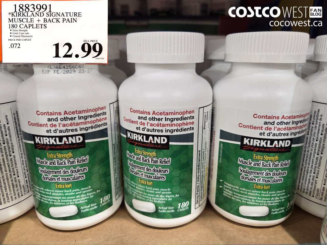 1883991 KIRKLAND SIGNATURE MUSCLE + BACK PAIN 180 CAPLETS $12.99