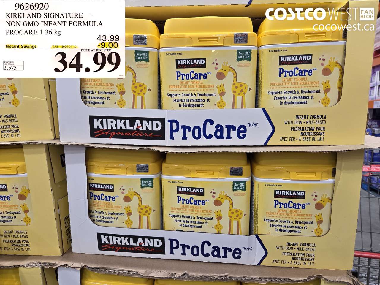 9626920 KIRKLAND SIGNATURE NON GMO INFANT FORMULA PROCARE 1.36 KG ($9.00 INSTANT SAVINGS EXPIRES ON 2026-07-19) $34.99