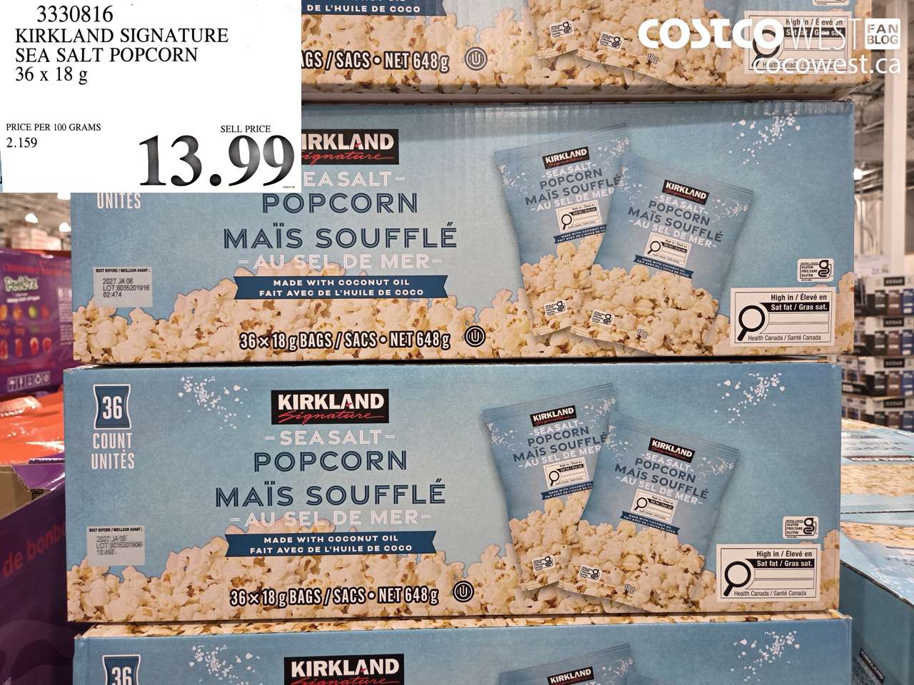 3330816 KIRKLAND SIGNATURE SEA SALT POPCORN 36 X 18 G $13.99