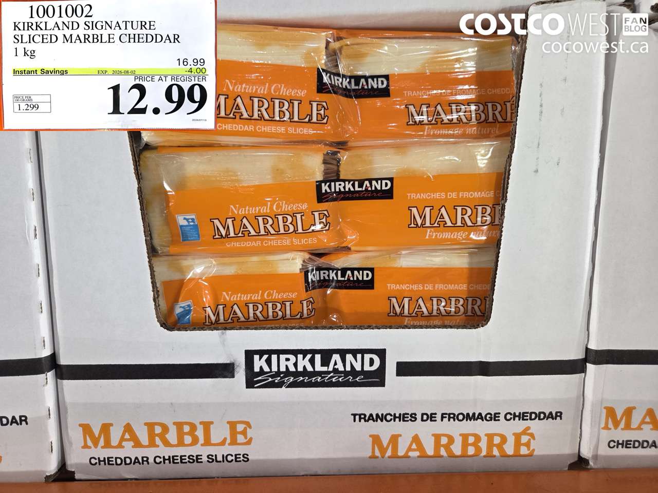 1001002 KIRKLAND SIGNATURE SLICED MARBLE CHEDDAR 1 KG ($4.00 INSTANT SAVINGS EXPIRES ON 2026-08-02) $12.99