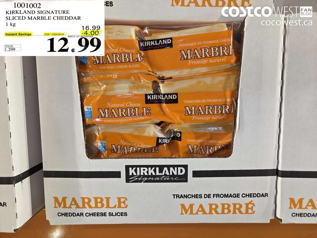 1001002 KIRKLAND SIGNATURE SLICED MARBLE CHEDDAR 1 KG ($4.00 INSTANT SAVINGS EXPIRES ON 2026-08-02) $12.99