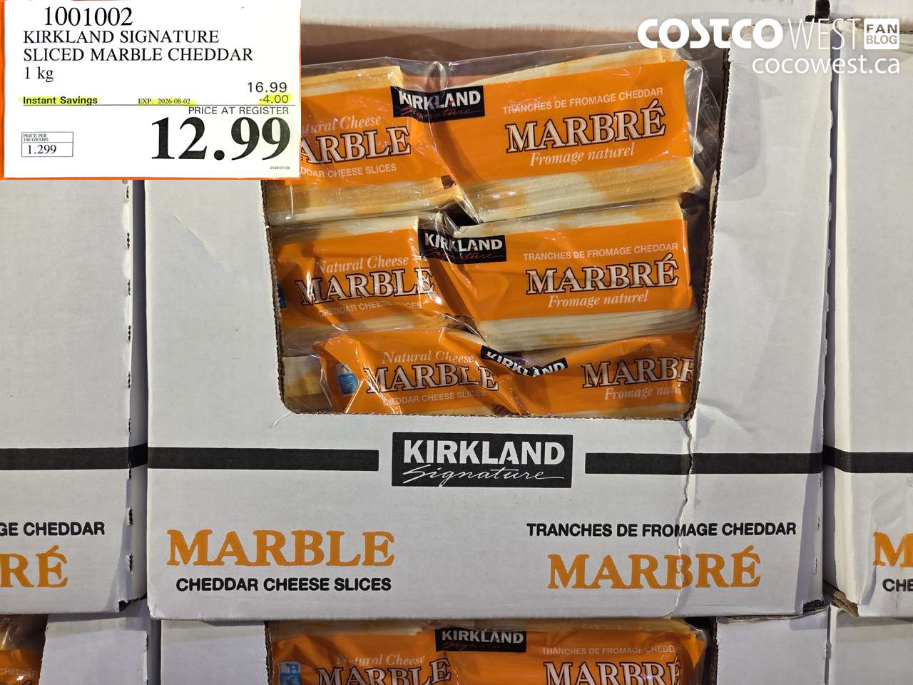 1001002 KIRKLAND SIGNATURE SLICED MARBLE CHEDDAR 1 KG ($4.00 INSTANT SAVINGS EXPIRES ON 2026-08-02) $12.99
