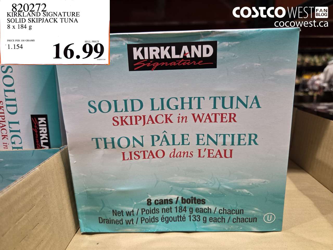 820272 KIRKLAND SIGNATURE SOLID SKIPJACK TUNA 8 X 184 G $16.99