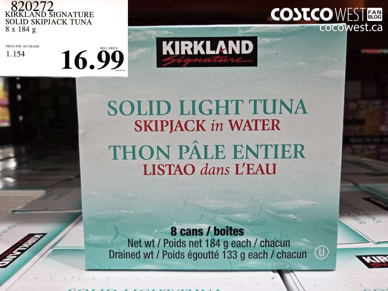 820272 KIRKLAND SIGNATURE SOLID SKIPJACK TUNA 8 X 184 G $16.99