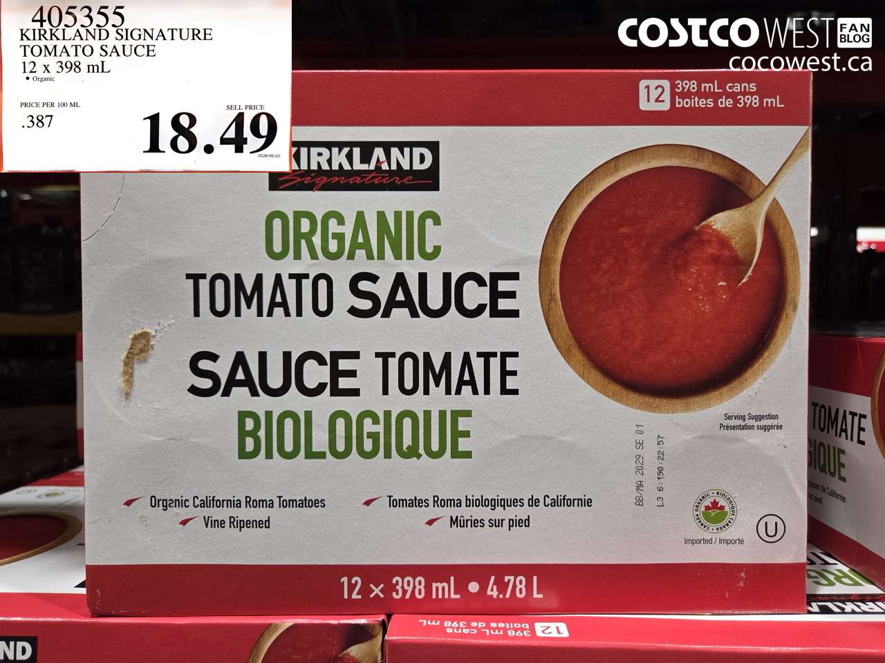 405355 KIRKLAND SIGNATURE TOMATO SAUCE 12 X 398 ML $18.49