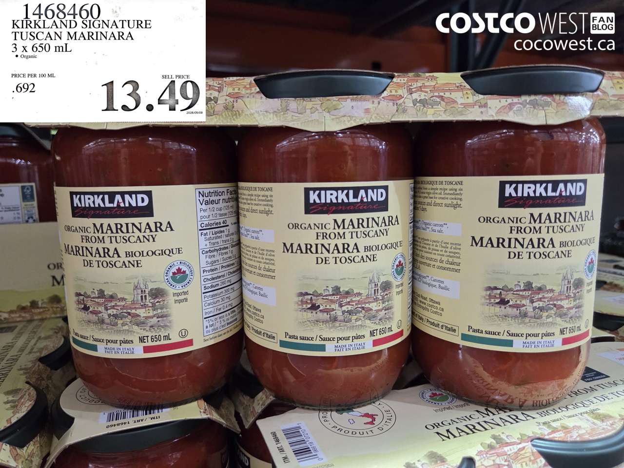 1468460 KIRKLAND SIGNATURE TUSCAN MARINARA 3 X 650 ML $13.49