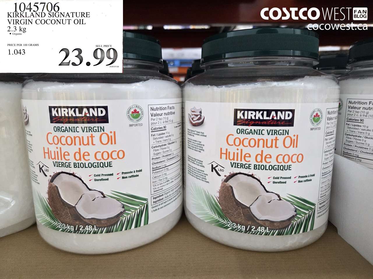 1045706 KIRKLAND SIGNATURE VIRGIN COCONUT OIL 2.3 KG $23.99