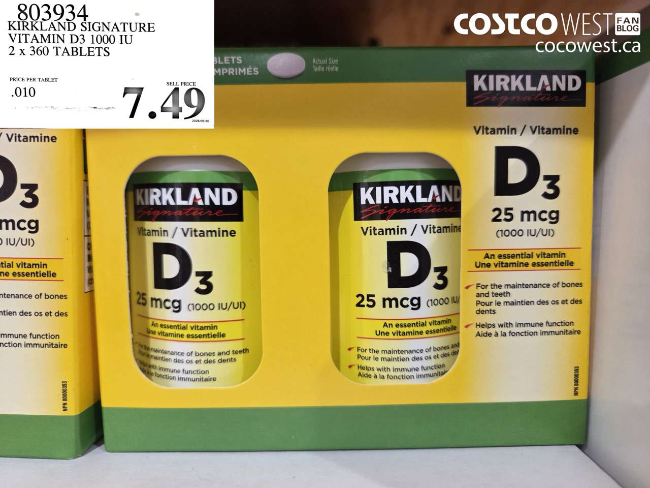 803934 KIRKLAND SIGNATURE VITAMIN D3 1000 IU 2 X 360 TABLETS $7.49