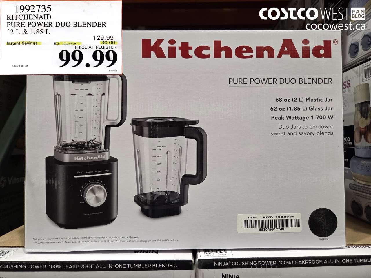 1992735 KITCHENAID PURE POWER DUO BLENDER 2 L & 1.85 L ($30.00 INSTANT SAVINGS EXPIRES ON 2026-07-19) $99.99