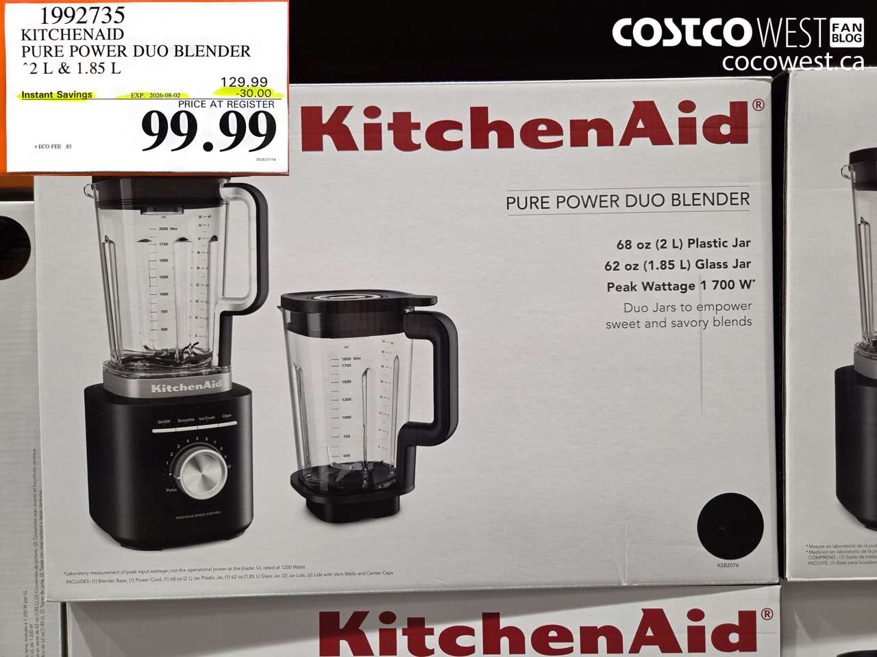 1992735 KITCHENAID PURE POWER DUO BLENDER 2 L & 1.85 L ($30.00 INSTANT SAVINGS EXPIRES ON 2026-08-02) $99.99