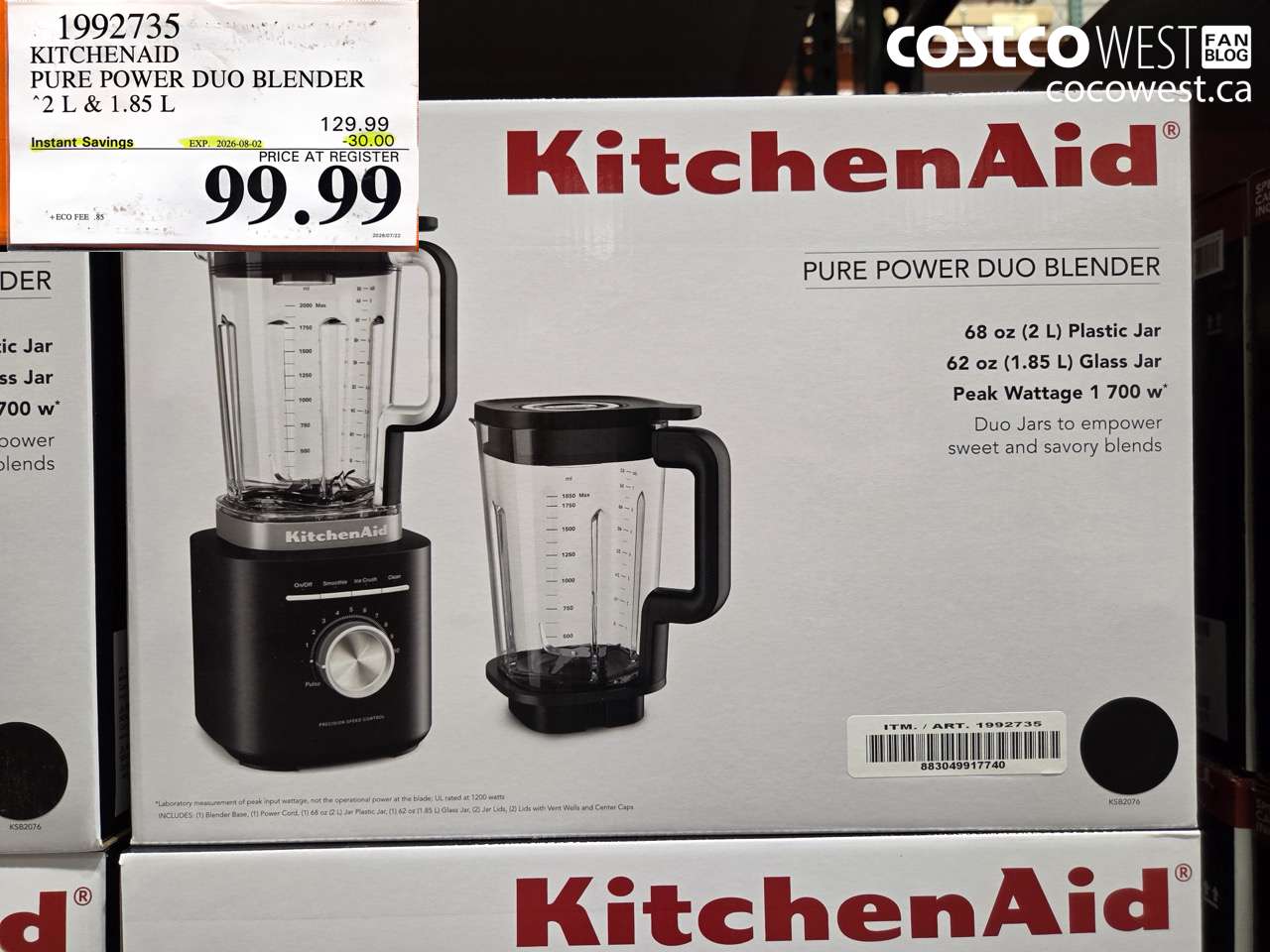 1992735 KITCHENAID PURE POWER DUO BLENDER 2 L & 1.85 L ($30.00 INSTANT SAVINGS EXPIRES ON 2026-08-02) $99.99