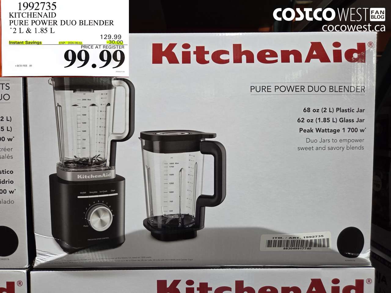 1992735 KITCHENAID PURE POWER DUO BLENDER 2 L & 1.85 L ($30.00 INSTANT SAVINGS EXPIRES ON 2026-08-02) $99.99