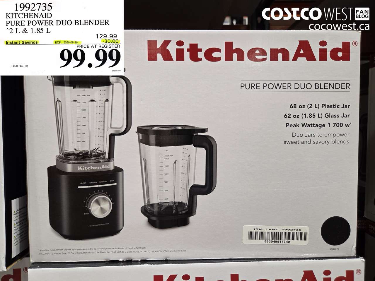 1992735 KITCHENAID PURE POWER DUO BLENDER 2 L & 1.85 L ($30.00 INSTANT SAVINGS EXPIRES ON 2026-08-16) $99.99