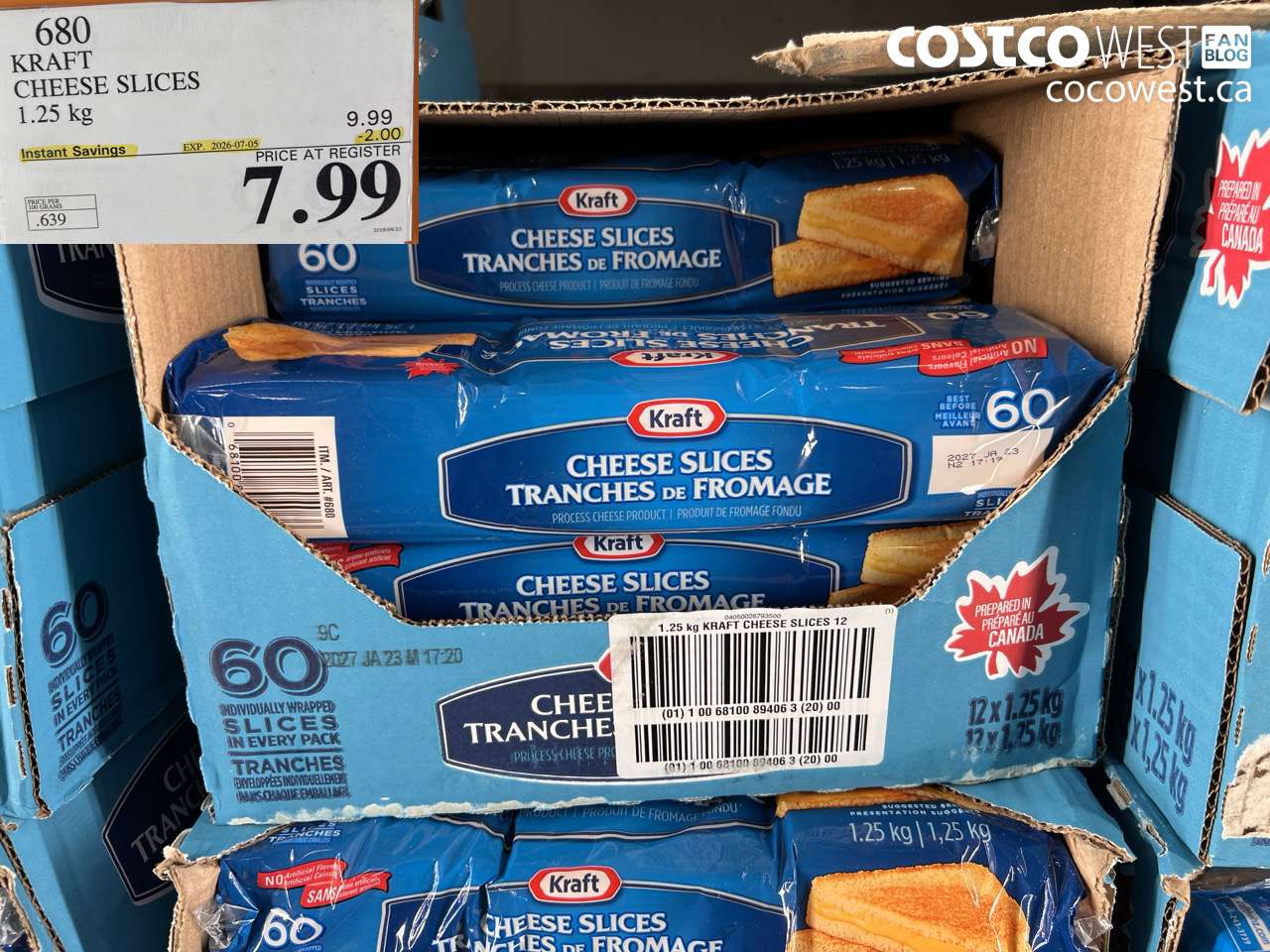 680 KRAFT CHEESE SLICES 1.25 KG ($2.00 INSTANT SAVINGS EXPIRES ON 2026-07-05) $7.99