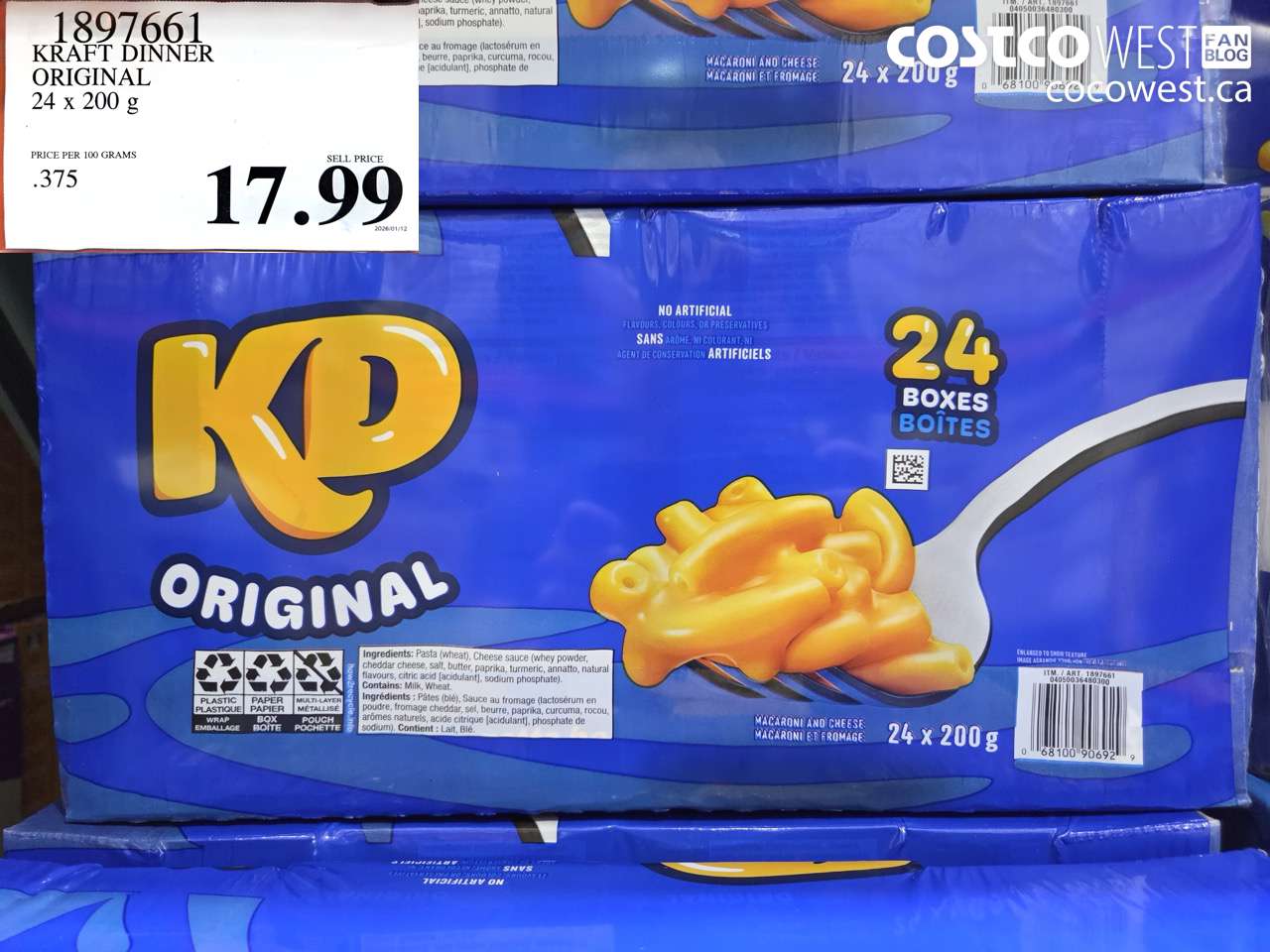 1897661 KRAFT DINNER ORIGINAL 24 X 200 G $17.99