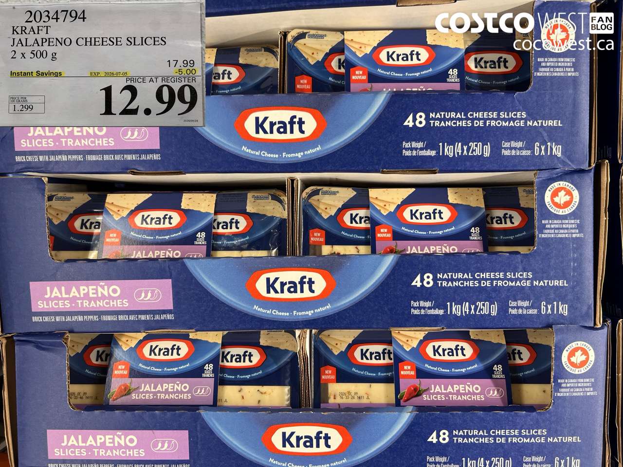 2034794 KRAFT JALAPENO CHEESE SLICES 2 X 500 G ($5.00 INSTANT SAVINGS EXPIRES ON 2026-07-05) $12.99