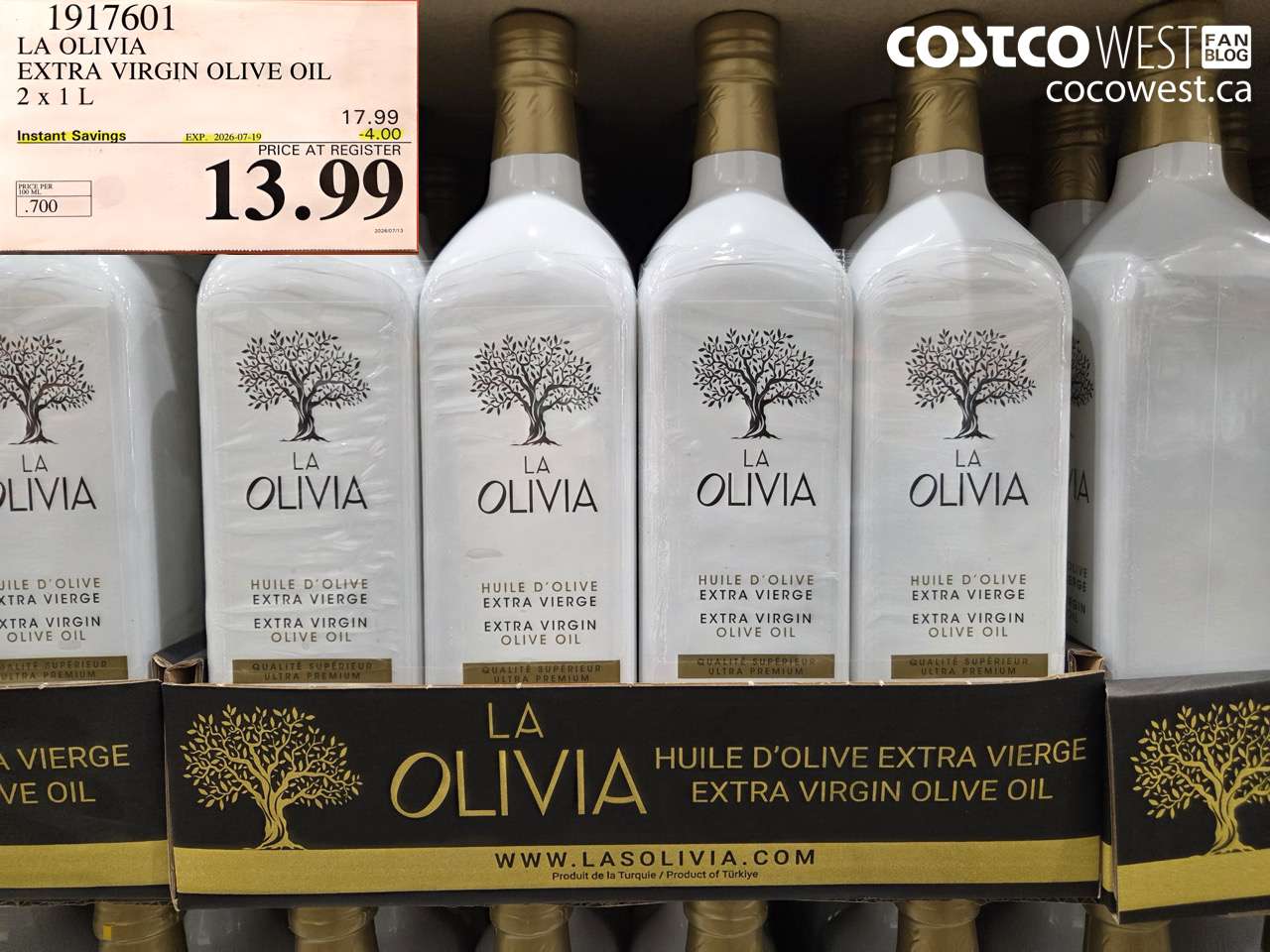 1917601 LA OLIVIA EXTRA VIRGIN OLIVE OIL 2 X 1 L ($4.00 INSTANT SAVINGS EXPIRES ON 2026-07-19) $13.99
