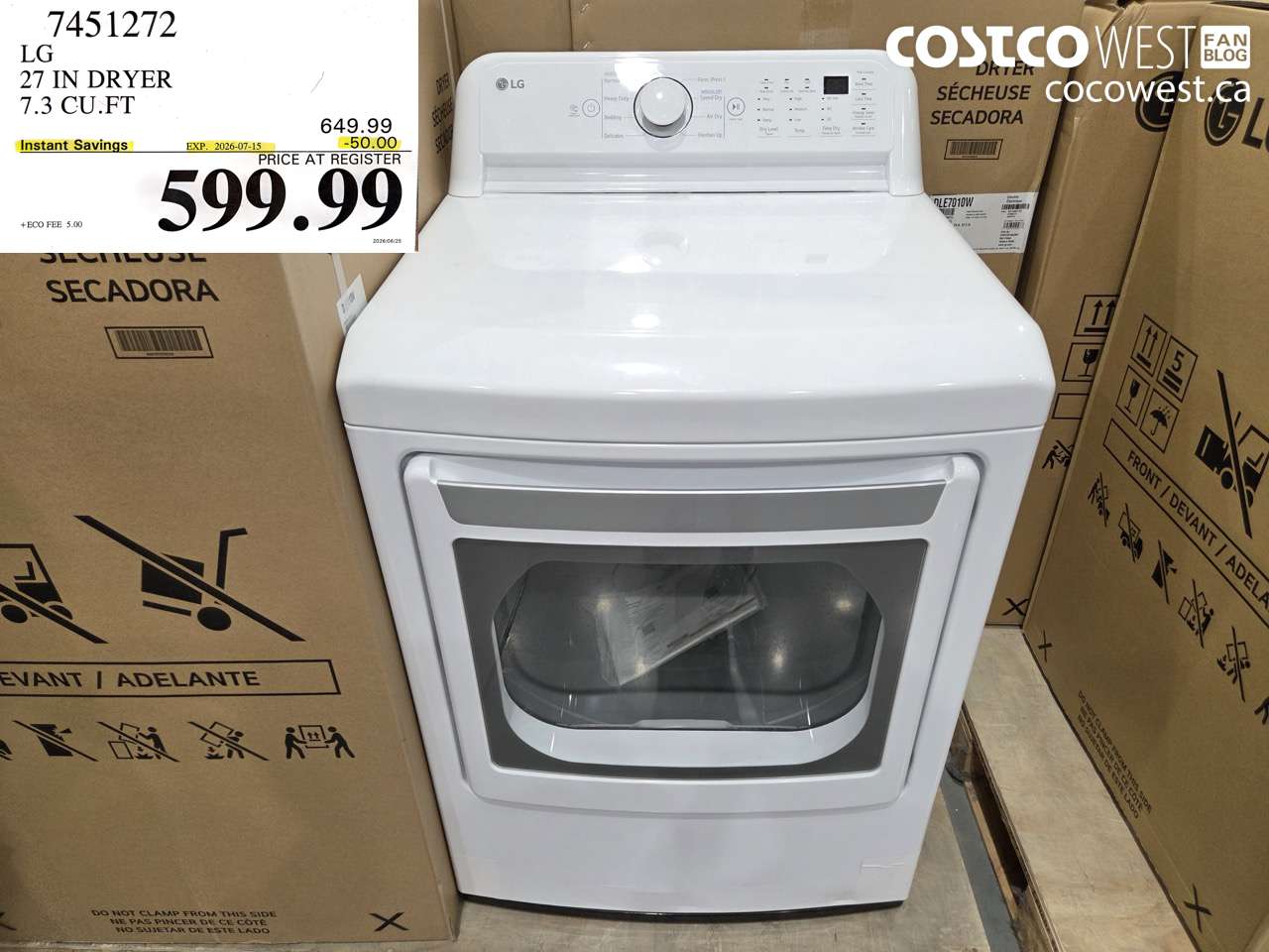 7451272 LG 27 IN DRYER 7.3 CU.FT ($50.00 INSTANT SAVINGS EXPIRES ON 2026-07-15) $599.99