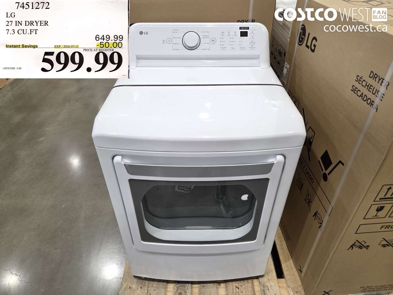 7451272 LG 27 IN DRYER 7.3 CU.FT ($50.00 INSTANT SAVINGS EXPIRES ON 2026-07-15) $599.99