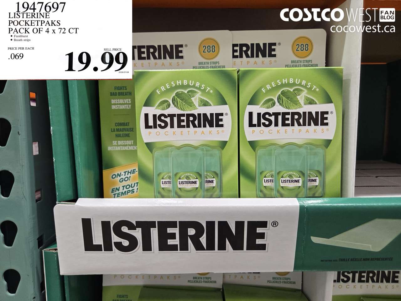 1947697 LISTERINE POCKETPAKS PACK OF 4 X 72 CT $19.99
