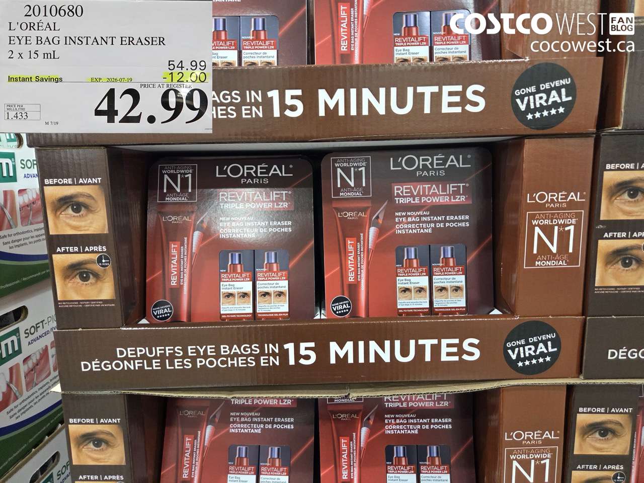 2010680 L'ORÉAL EYE BAG INSTANT ERASER 2 X 15 ML ($12.00 INSTANT SAVINGS EXPIRES ON 2026-07-19) $42.99
