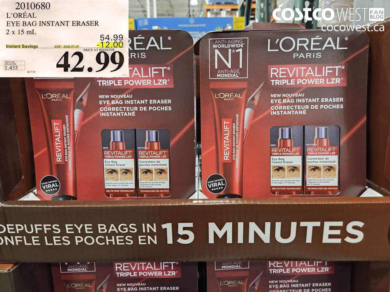 2010680 L'ORÉAL EYE BAG INSTANT ERASER 2 X 15 ML ($12.00 INSTANT SAVINGS EXPIRES ON 2026-07-19) $42.99