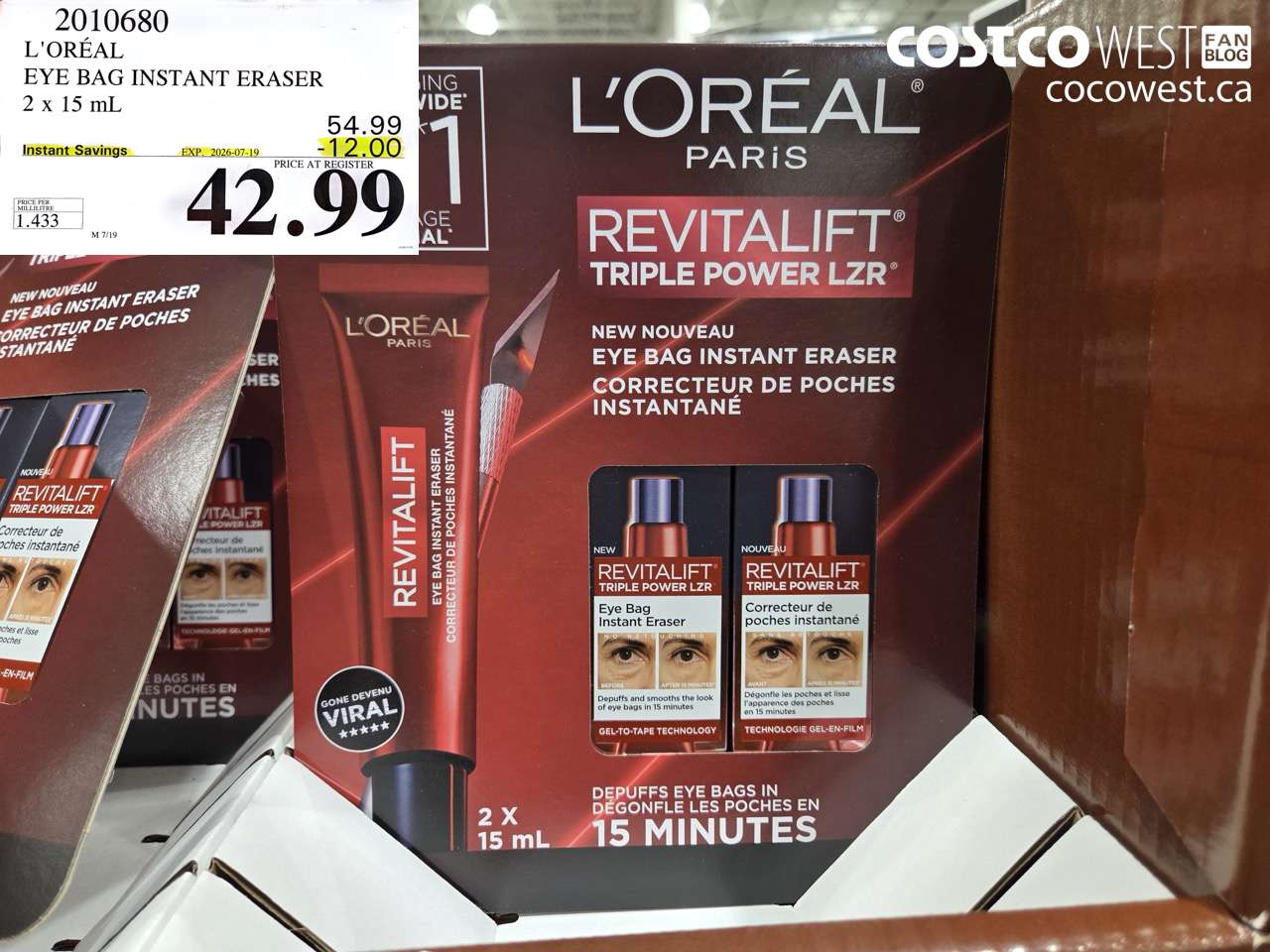 2010680 L'ORÉAL EYE BAG INSTANT ERASER 2 X 15 ML ($12.00 INSTANT SAVINGS EXPIRES ON 2026-07-19) $42.99