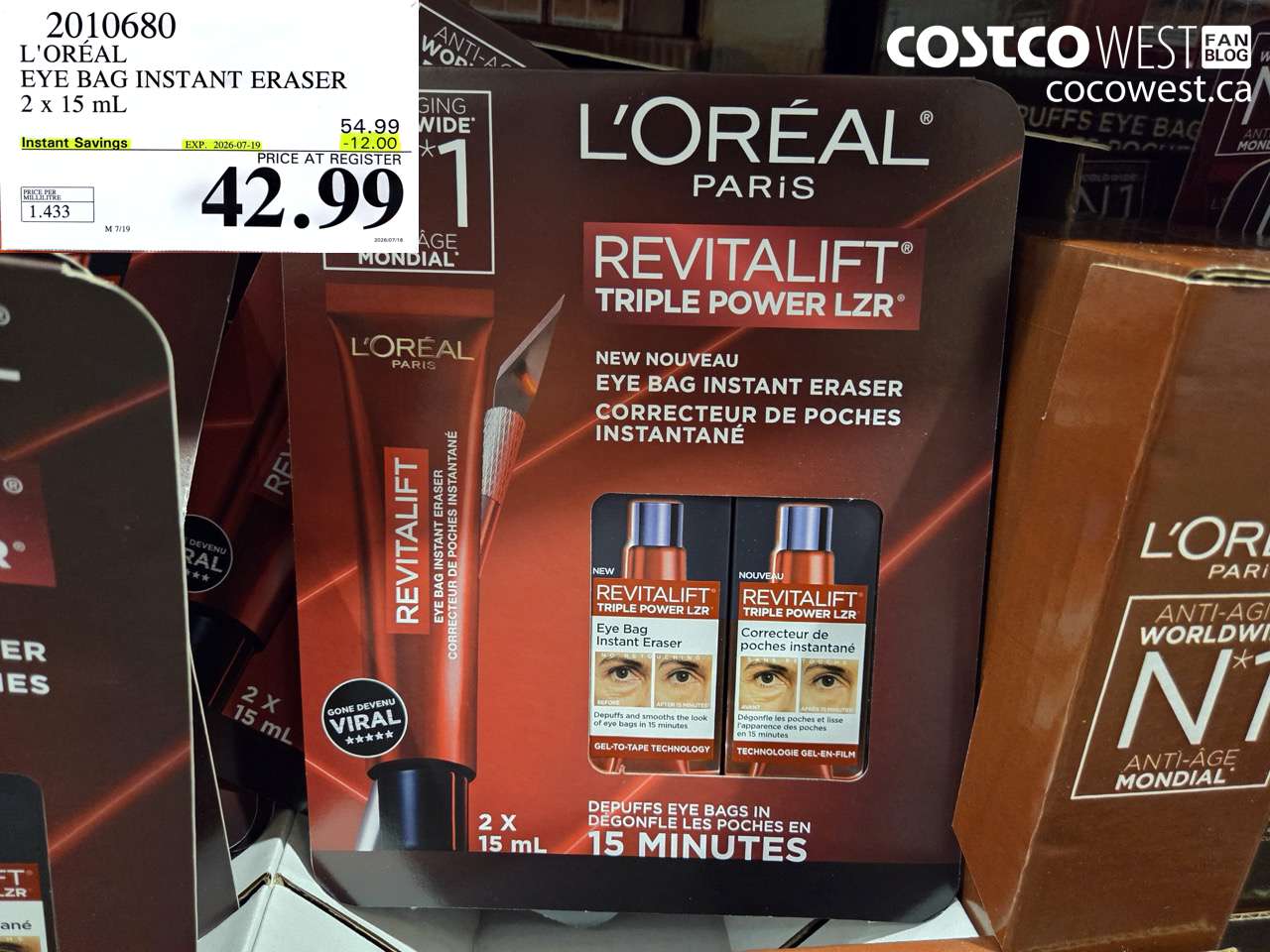 2010680 L'ORÉAL EYE BAG INSTANT ERASER 2 X 15 ML ($12.00 INSTANT SAVINGS EXPIRES ON 2026-07-19) $42.99
