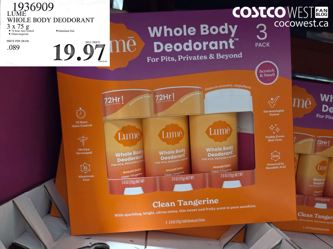 1936909 LUME WHOLE BODY DEODORANT 3 X 75 G $19.97