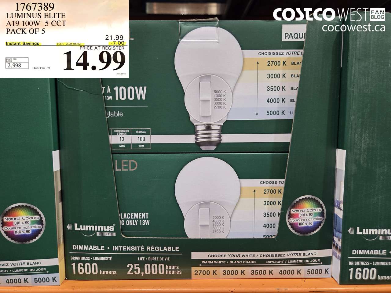 1767389 LUMINUS ELITE A19 100W 5 CCT PACK OF 5 ($7.00 INSTANT SAVINGS EXPIRES ON 2026-08-02) $14.99