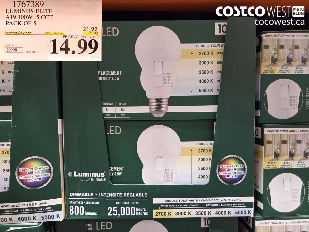 1767389 LUMINUS ELITE A19 100W 5 CCT PACK OF 5 ($7.00 INSTANT SAVINGS EXPIRES ON 2026-08-02) $14.99