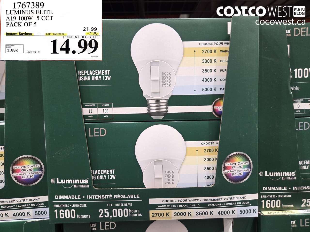 1767389 LUMINUS ELITE A19 100W 5 CCT PACK OF 5 ($7.00 INSTANT SAVINGS EXPIRES ON 2026-08-02) $14.99