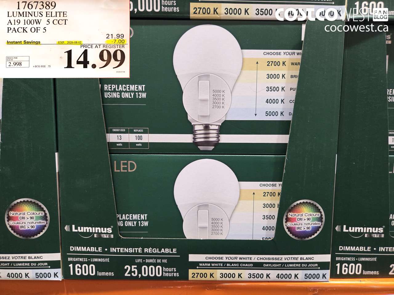 1767389 LUMINUS ELITE A19 100W 5 CCT PACK OF 5 ($7.00 INSTANT SAVINGS EXPIRES ON 2026-08-02) $14.99