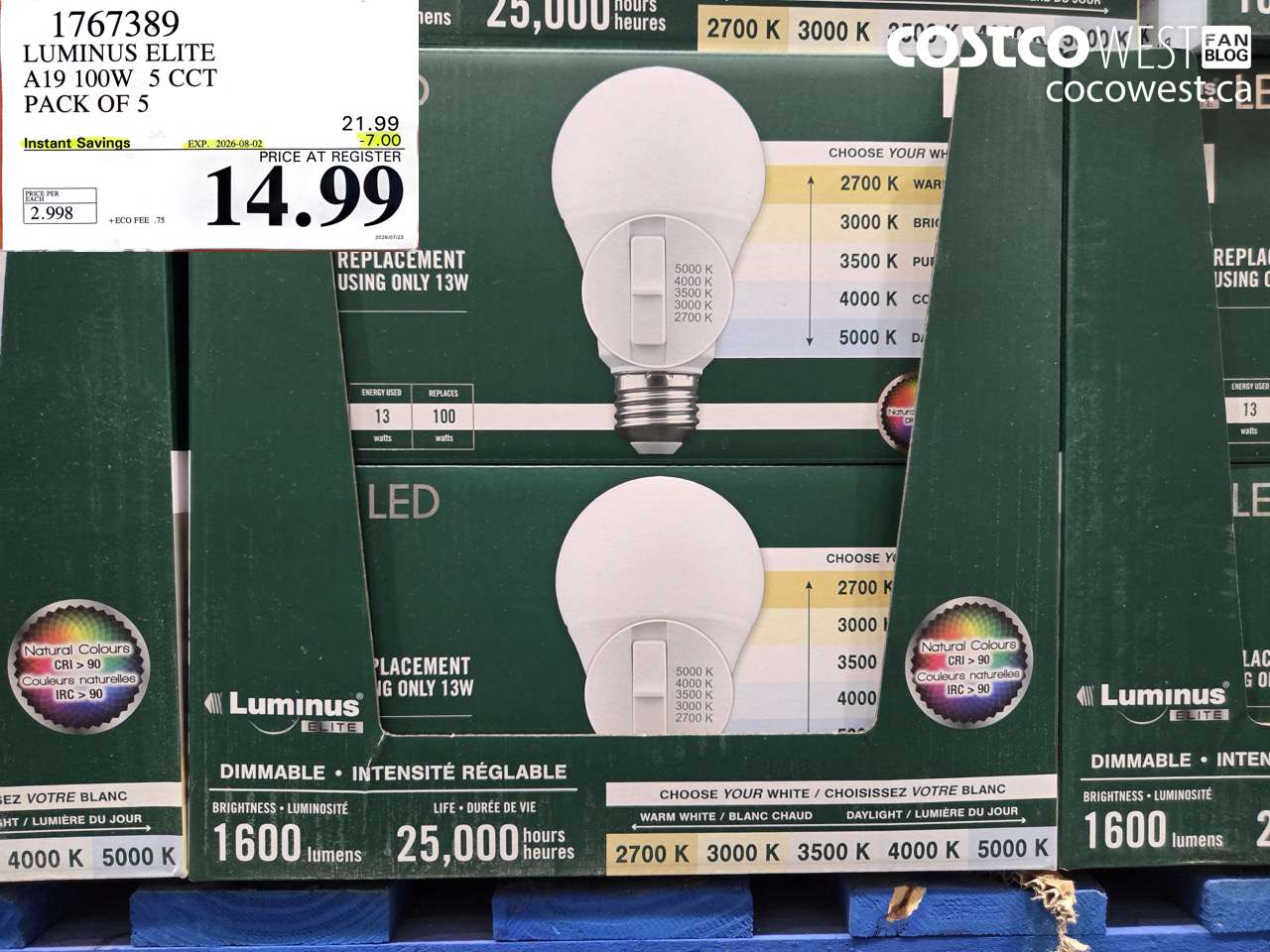 1767389 LUMINUS ELITE A19 100W 5 CCT PACK OF 5 ($7.00 INSTANT SAVINGS EXPIRES ON 2026-08-02) $14.99