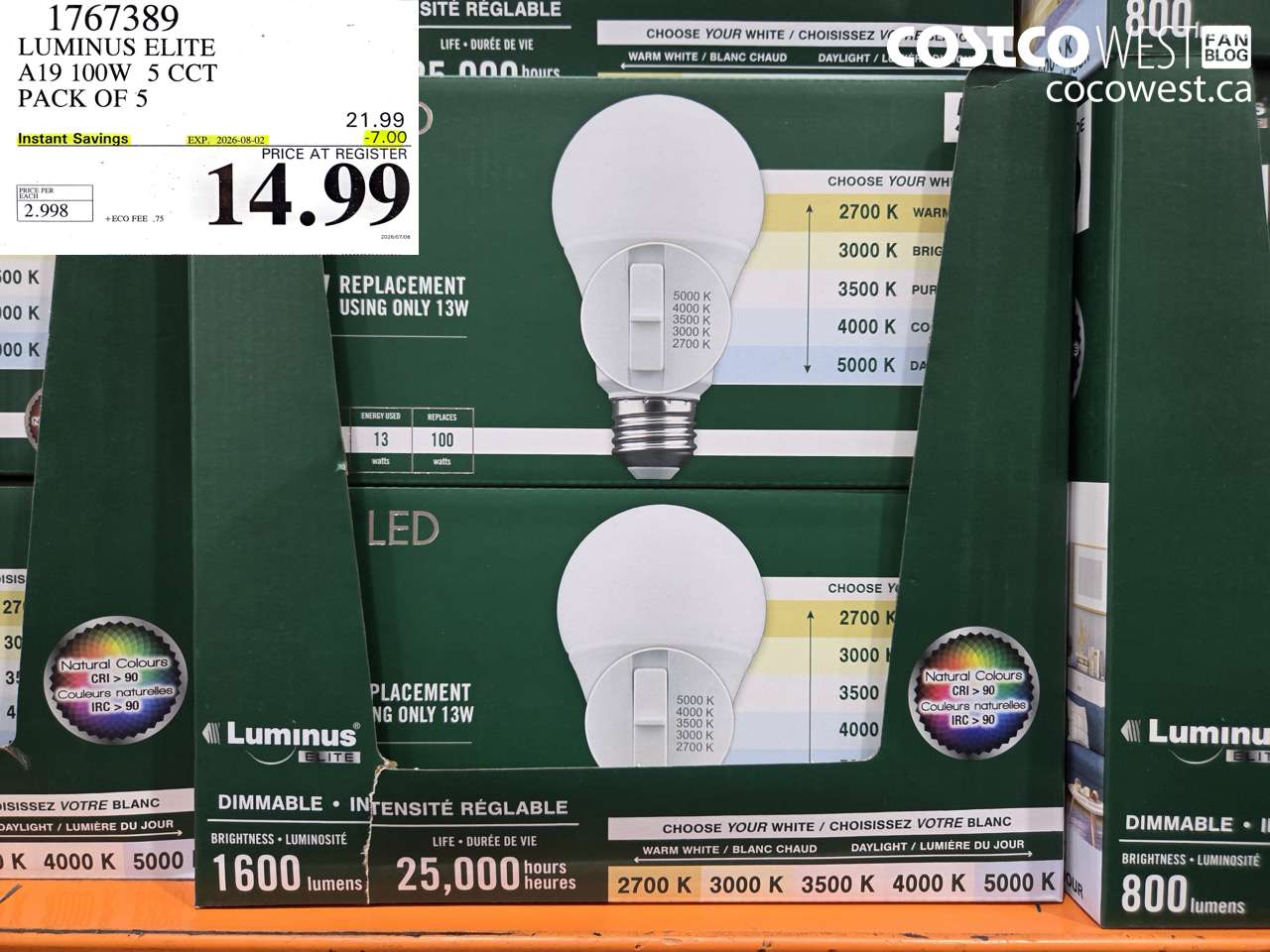 1767389 LUMINUS ELITE A19 100W 5 CCT PACK OF 5 ($7.00 INSTANT SAVINGS EXPIRES ON 2026-08-02) $14.99