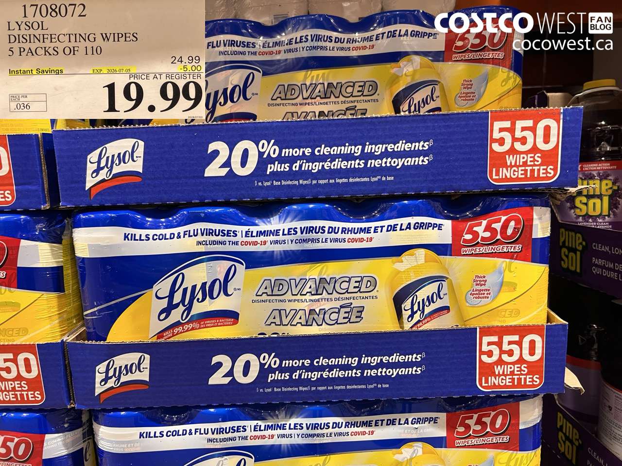 1708072 LYSOL DISINFECTING WIPES 5 PACKS OF 110 ($5.00 INSTANT SAVINGS EXPIRES ON 2026-07-05) $19.99